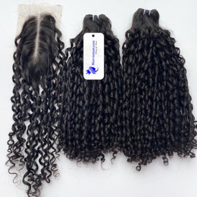 Two Bundles Pixel Curly Human Hair Weave with a Closure 2x6