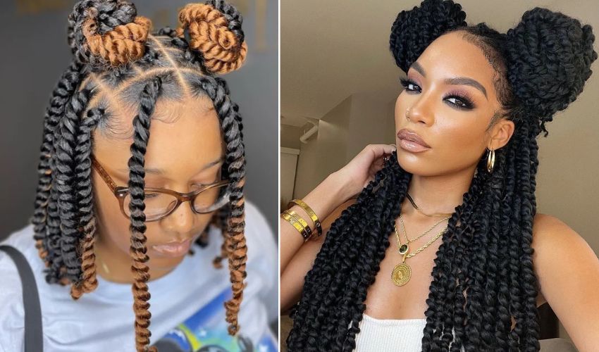 Two Bun Passion Twists Hairstyles 